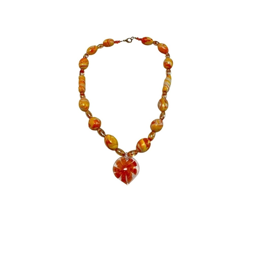 Heart Pendant Murano Style Glass Bead Necklace Orange